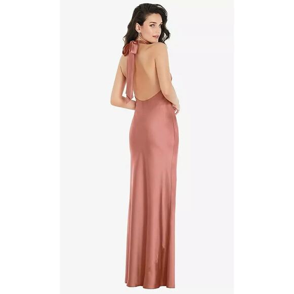2830 NWT Social 8223 Scarf Tie High-Neck Halter Maxi Slip Dress Desert Rose - Picture 2 of 4